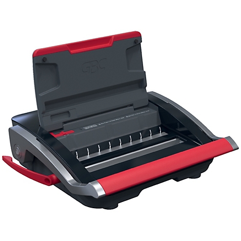 Relieuse noire et rouge, couvercle ouvert, logo GBC. Levier de fonctionnement.