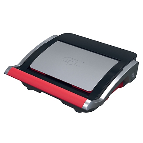 Laminateur gris avec bande rouge et couvercle noir, logo GBC.