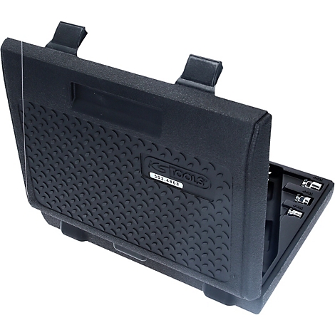 Schwarzer Werkzeugkoffer, teilweise geöffnet, mit Werkzeugen. KSTOOLS Logo und Artikelnummer sichtbar.