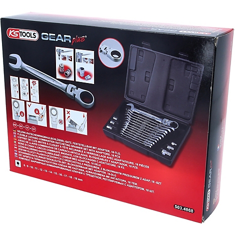 Schwarzer Karton mit KS TOOLS und GEAR plus Logo. Darauf abgebildet ein Werkzeugset mit Ratschenschlüsseln.
