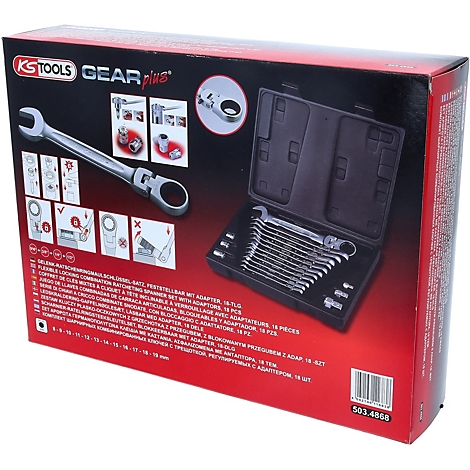 Auf dem Foto ist die Rückseite einer KS Tools Gearplus Werkzeugkiste zu sehen. Gezeigt werden Schraubenschlüssel und eine Abbildung des Produkts.