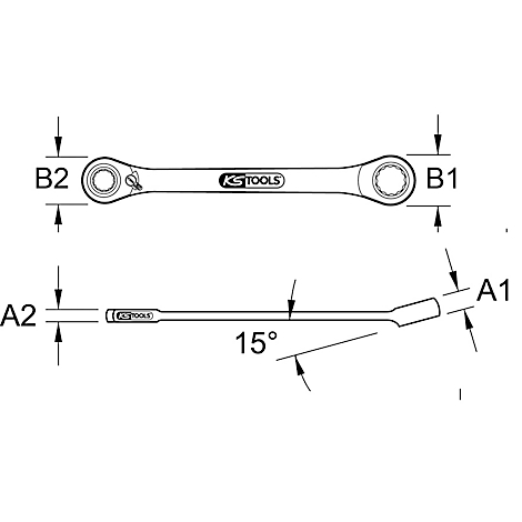 Draufsicht auf einen Schraubenschlüssel mit Maßangaben, Winkeln und dem Logo 'KS TOOLS'.