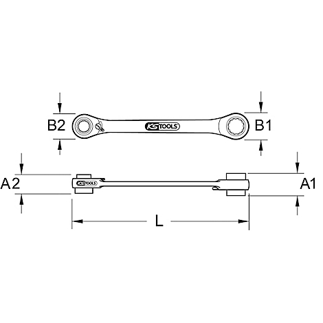 Zeichnung eines Ratschenschlüssels. Zwei Ansichten zeigen die Form mit Maßangaben: A1, A2, B1, B2, L. Der Schlüssel ist mit KS TOOLS beschriftet.