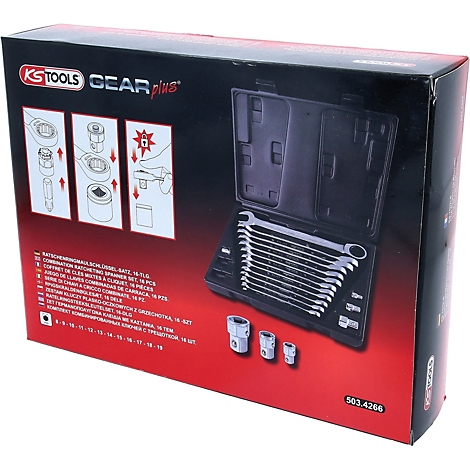 Werkzeugkasten mit Inbusschlüsseln und Steckschlüsseln. Aufschrift KS Tools Gear Plus.
