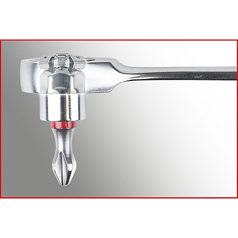 Nahaufnahme eines silbernen Schraubenschlüssels mit rotem Akzent. Auf grauem Hintergrund.