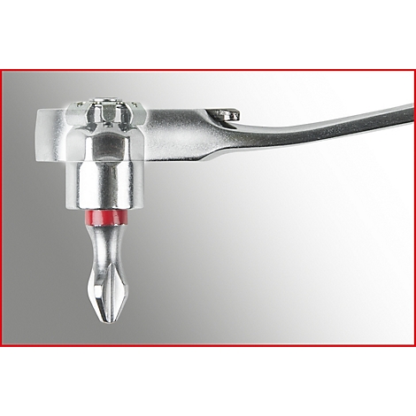 Nahaufnahme eines silbernen Schraubwerkzeugs mit rotem Ring. Der Hintergrund ist hellgrau.