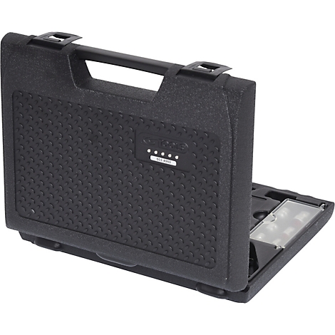 Schwarzer Werkzeugkoffer mit geöffnetem Deckel. Text und eine Reihe von Lichtern sind zu sehen.