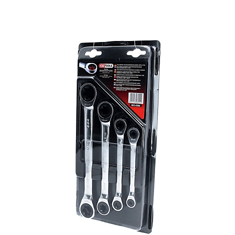 Set aus Ratschenschlüsseln in schwarzer Verpackung. Die Schlüssel liegen im Kunststoff. Aufgedruckte Schrift.