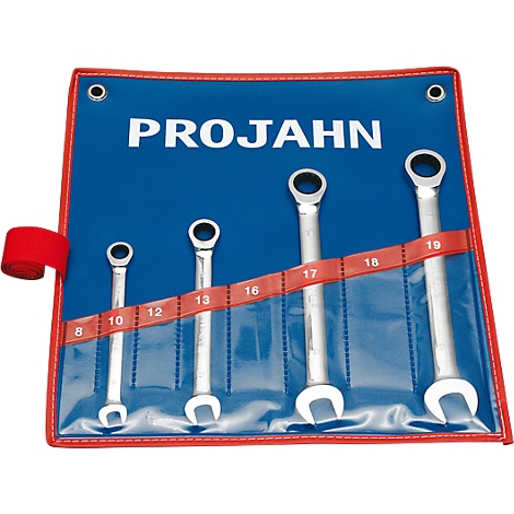 Eine blaue Werkzeugrolle mit silbernen Schraubenschlüsseln. Auf der Rolle steht 'PROJAHN'.