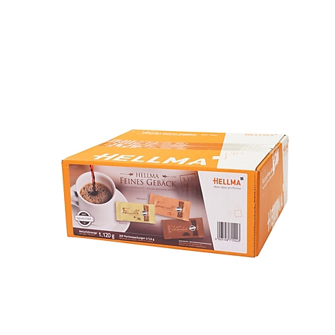 Ein Karton Hellma Feines Gebäck in einer orangen Verpackung mit einer Kaffeetasse und Gebäckstücken auf der Vorderseite.