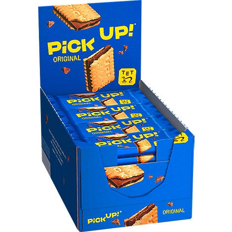 Displaykarton mit blauer Verpackung gefüllt mit Pick Up Original Keksen.