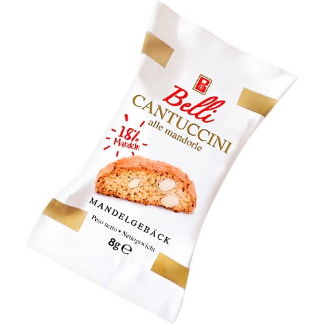 Verpackung mit Belli Cantuccini-Gebäck. Aufschrift: Mandelgebäck, 18% Mandeln.