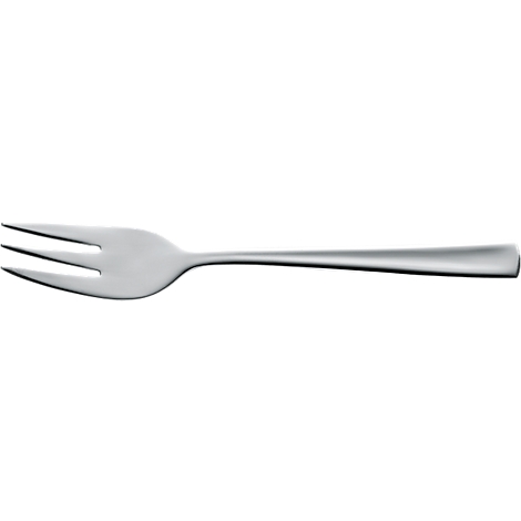 Een zilveren vork met drie tanden en een lange, afgeronde steel.