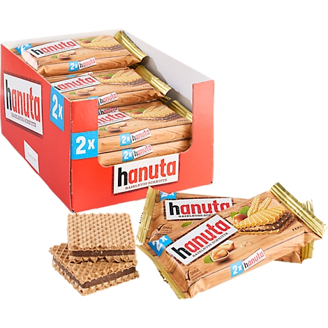 Retail display box of Hanuta hazelnut wafers with individual wafers placed in front.