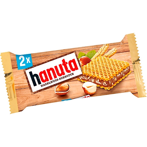 Hanuta bar, with wafer, hazelnut filling and lettering.