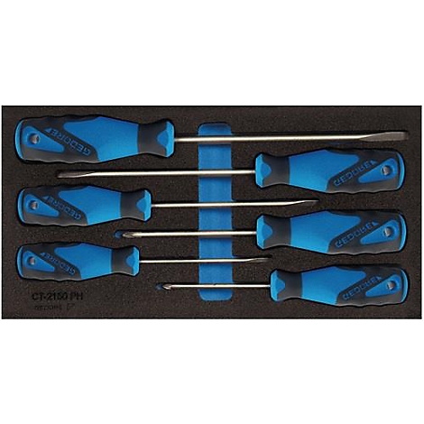 Zeven schroevendraaiers met blauw-zwarte handvatten liggen in een houder.