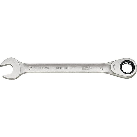 Ein metallischer Schraubenschlüssel mit offener und Ringseite, Zahl 17 eingraviert, Marke 'GEDORE'.
