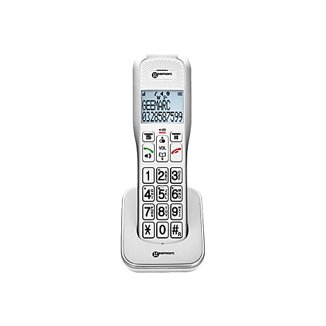 Weißes schnurloses Telefon von Geemarc mit großen Tasten und Display in der Ladestation.