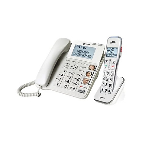 Weißes Geemarc-Seniorentelefon mit Basisstation, Hörer, Display und Kurzwahltasten mit Fotos.