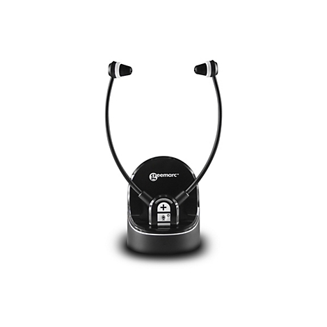 Schwarzes Kinnbügel-Headset mit Ladestation, Geemarc Logo und Lautstärketaste.