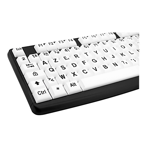 Nahaufnahme einer Tastatur mit weißen Tasten und schwarzem Rahmen. Die Buchstaben, Zahlen und Sonderzeichen sind deutlich zu erkennen.