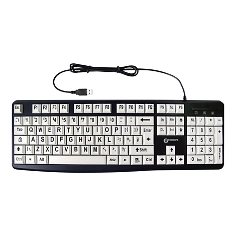 Schwarze Tastatur mit weißen Tasten und USB-Kabel. Tasten mit Beschriftung wie Buchstaben, Zahlen und Funktionstasten.