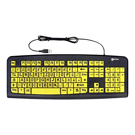 Schwarze Tastatur mit gelben Tasten und großem Schriftbild. Ein USB-Kabel verbindet die Tastatur.