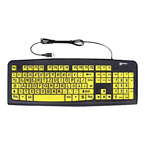 Schwarze Tastatur mit gelben Buchstaben. USB-Kabel. Aufschrift: Buchstaben, Zahlen, Enter, Shift, Strg.