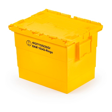 Gelbe Kunststoffbox mit weißen, bedruckten Beuteln, vor weißem Hintergrund.