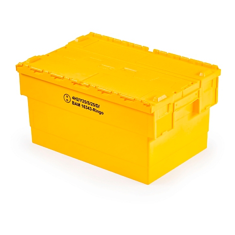 Nahaufnahme einer gelben Kunststoffbox, verschlossen mit einem weißen Kabelbinder.