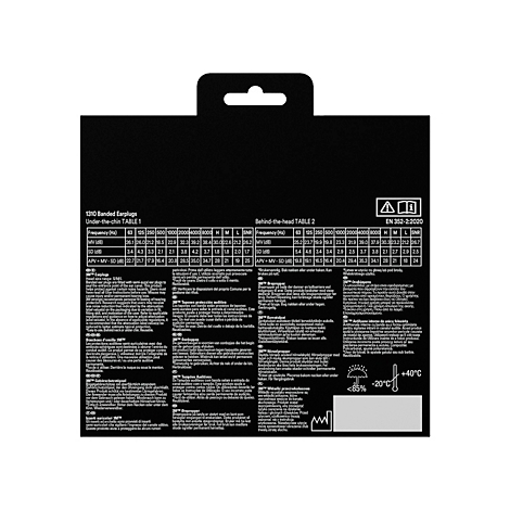 Gehoorbescherming, blauwe band, oranje oordopjes. Op een witte achtergrond.