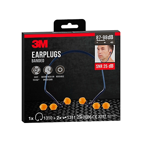 Achterkant van een zwarte verpakking, tekst met tabellen voor gehoorbeschermingsparameters. Details over temperatuur- en opslagvoorschriften.