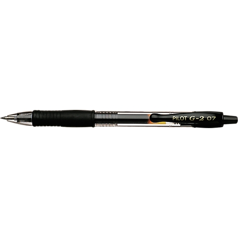 Close-up of a black Pilot G-2 07 pen. The pen is partially transparent.