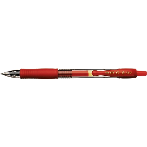 Red ballpoint pen showing the text "PILOT G-2 07".