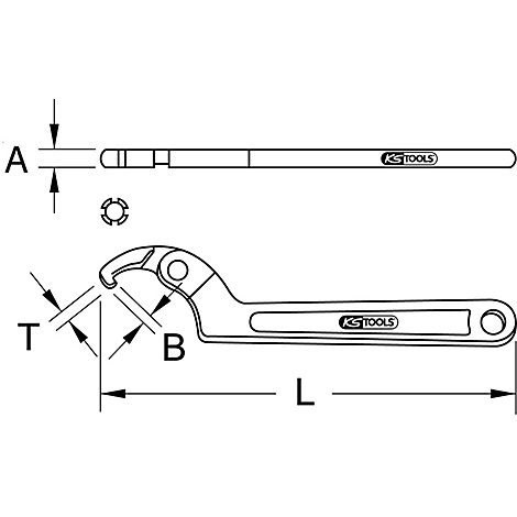 Technische Zeichnung eines Hakenschlüssels mit Bemaßungen und KS TOOLS Logo.