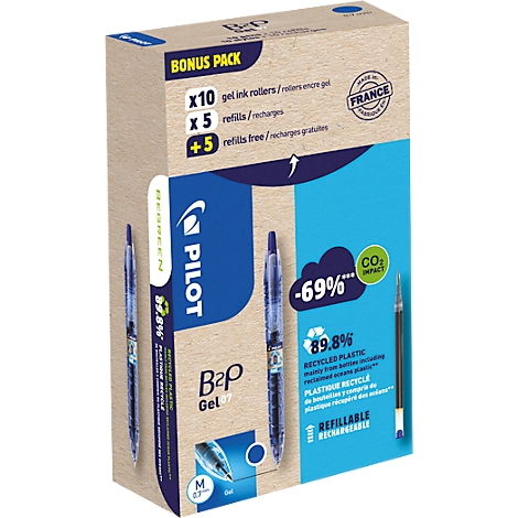Produktverpackung mit blauen Pilot B2P Gel-Stiften und Nachfüllungen, mit Text wie "Bonus Pack" und "Recyceltes Plastik".