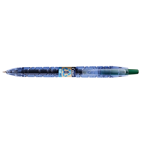 Transparenter Kugelschreiber, blau und grün, mit schwarzer Mine und dem Schriftzug "PILOT".