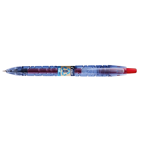 Transparenter Kugelschreiber, rot-violette Tinte, blauer Schaft. Der Stift hat einen roten Deckel. Die Marke PILOT ist auf dem Stift abgebildet.