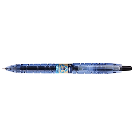 Durchsichtiger Kugelschreiber, blaues Gehäuse, schwarze Mine, Schriftzug auf dem Etikett.