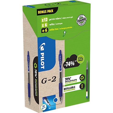 Eine Packung Pilot G-2 Gelstifte mit einer blauen Hülle und einem grünen Hintergrund. Es sind Produktinformationen und Logos zu sehen.