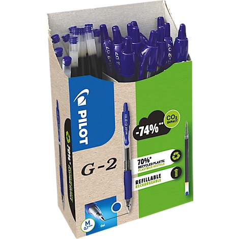 Ein Karton voller blauer Pilot G-2 Gelstifte, einer wird im Vordergrund hervorgehoben.