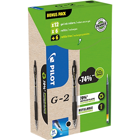Produktverpackung mit schwarzen Stiften, Text: Pilot G-2, Bonus Pack, 70 % recyceltes Plastik. Made in France. Nachfüllbar.