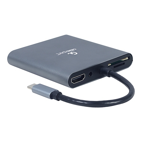Grauer USB-C-Multiport-Adapter mit HDMI, Audioanschluss und SD-Kartenslot, verbunden mit einem USB-C-Kabel.