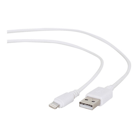 Weißes Lightning-auf-USB-Ladekabel vor weißem Hintergrund.