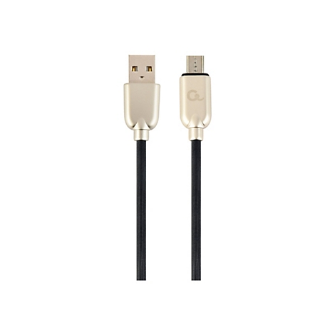 Goldene USB-A und Micro-USB-Anschlüsse mit schwarzem, geriffeltem Kabel auf weißem Hintergrund.