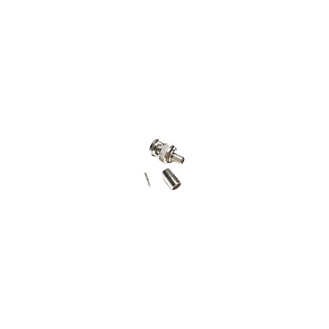 Silberner BNC-Stecker mit Crimp-Hülse und Pin auf weißem Hintergrund.