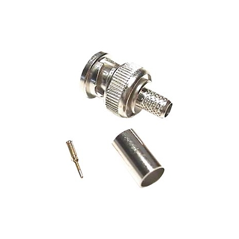 Ein silberner BNC-Stecker in Einzelteilen vor weißem Hintergrund.