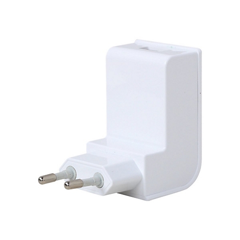 Weißer Wandsteckdosenadapter mit zwei Metallkontakten vor weißem Hintergrund.