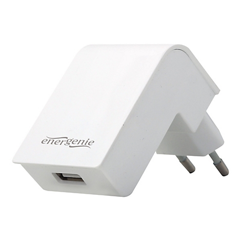 Weißer Energenie-Wandadapter mit USB-Anschluss und europäischem Stecker vor weißem Hintergrund.