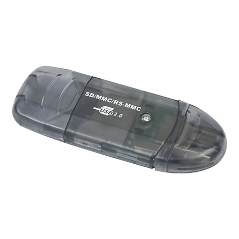 Ein halbtransparenter, schwarzer USB-Kartenleser mit der Aufschrift SD/MMC/RS-MMC USB 2.0 vor weißem Hintergrund.